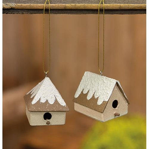 Papier Mache Snowy Birdhouse Ornament (2 Count Assortment)