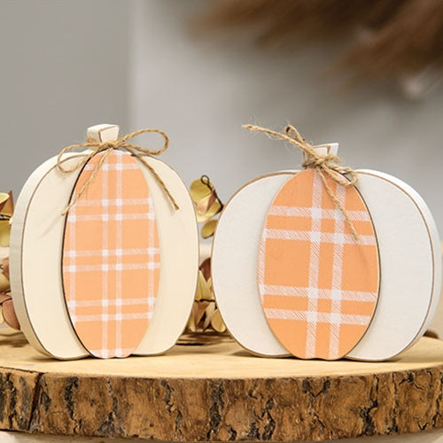Cream & Orange Plaid Wooden Pumpkin Sitter  (2 Count Assortment)