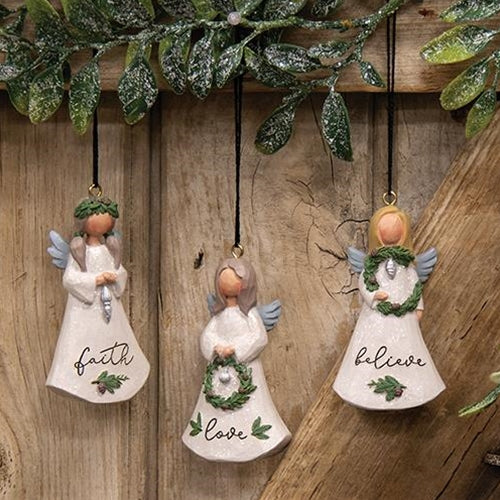 Believe/Love/Faith Resin Angel Ornaments (Set of 3)