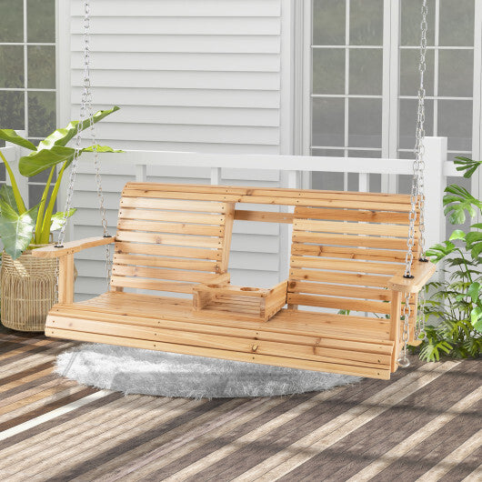 5 Feet Porch Swing Chair with Adjustable Chains and Foldable Cup Holders - Color: Brown