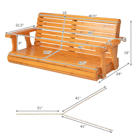 2-Person Wooden Porch Swing with Hanging Chains for Garden Yard-Natural - Color: Natural