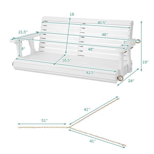 2-Person Wooden Porch Swing with Hanging Chains for Garden Yard-White - Color: White