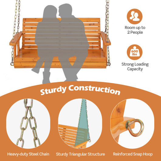 2-Person Wooden Porch Swing with Hanging Chains for Garden Yard-Natural