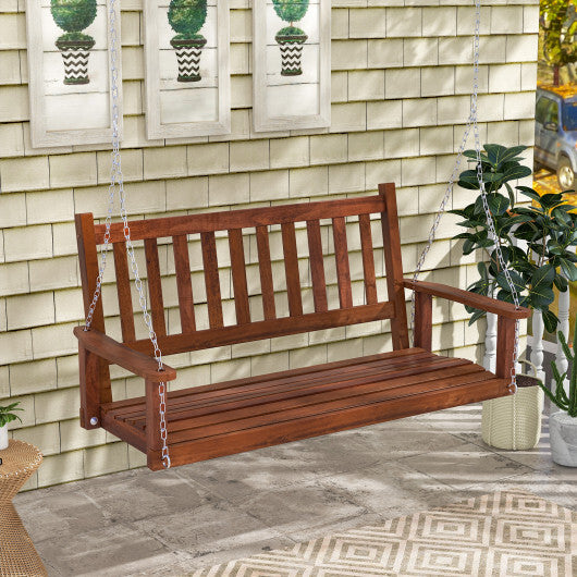 2-Person Wooden Outdoor Porch Swing with 500 lbs Weight Capacity-Brown - Color: Brown
