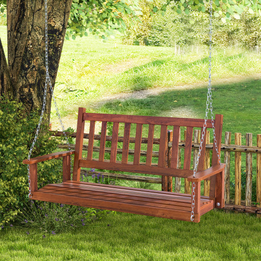 2-Person Wooden Outdoor Porch Swing with 500 lbs Weight Capacity-Brown - Color: Brown