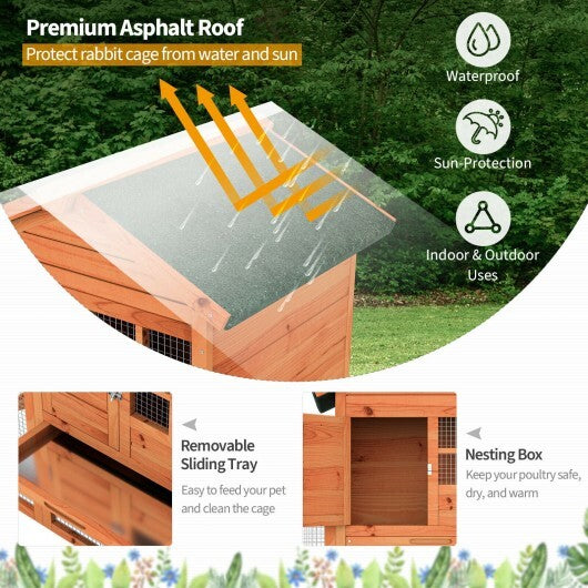 2-Story Wooden Rabbit Hutch with Running Area-Natural - Color: Natural