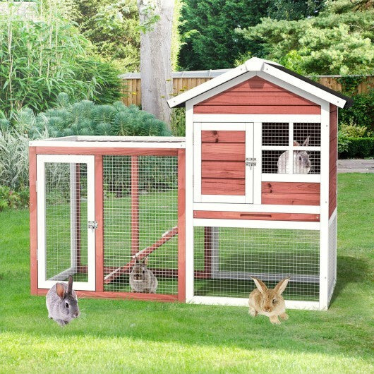 2-Story Wooden Rabbit Hutch with Running Area-White - Color: White