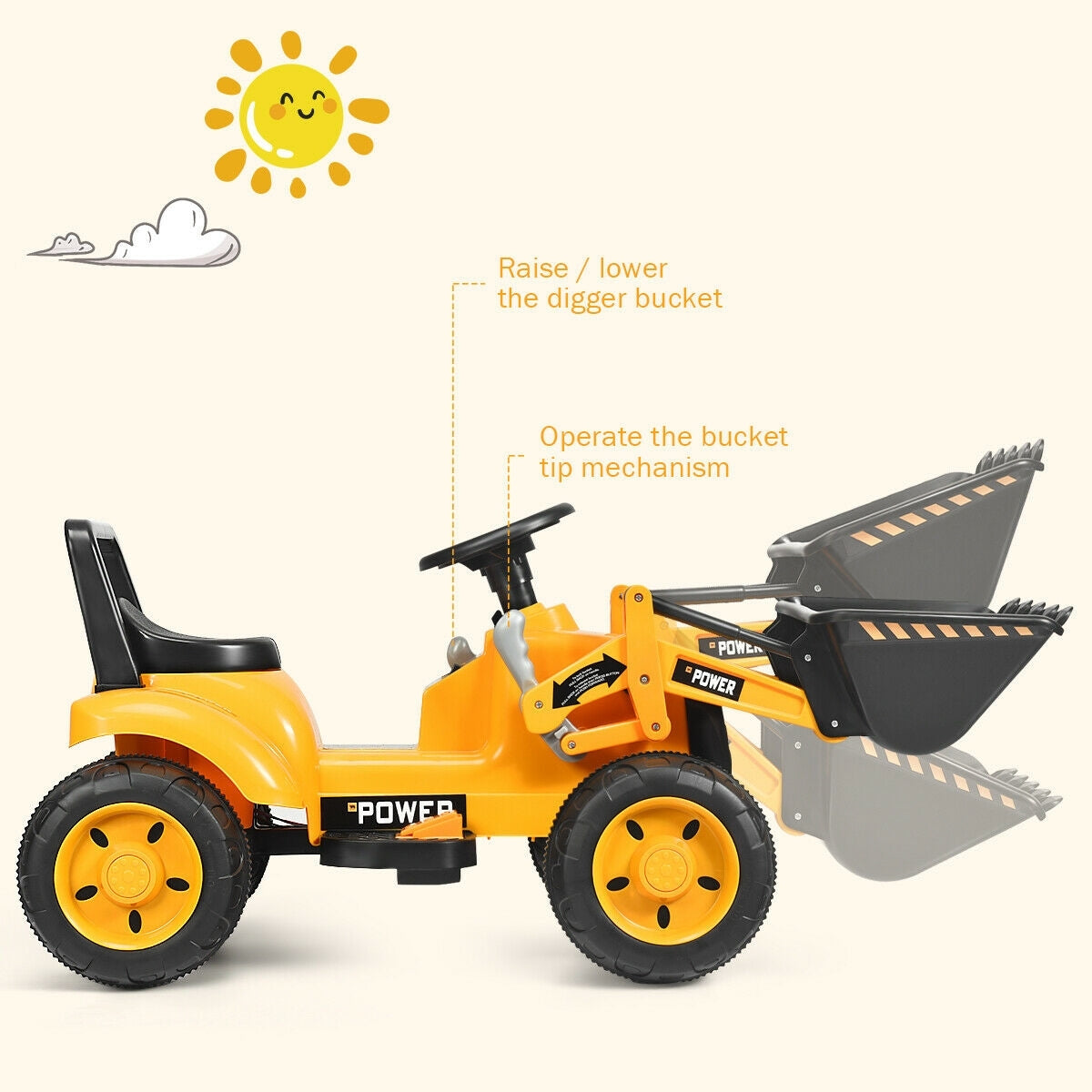 Kids Ride On Excavator Digger 6V Battery Powered Tractor-Yellow - Color: Yellow